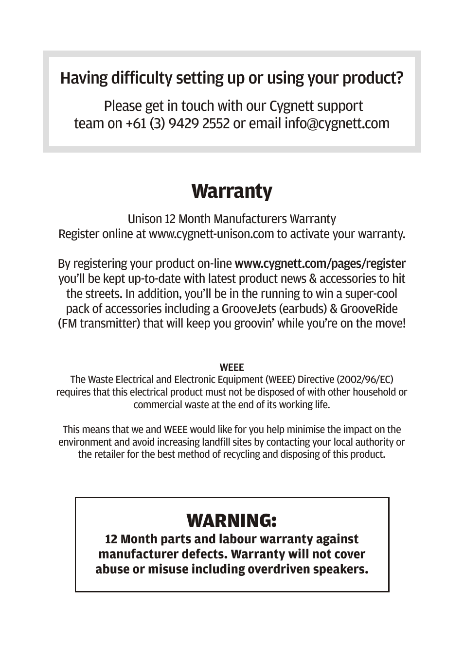 Warranty, Warning, Having difficulty setting up or using your product | Cygnett Unison i-XT User Manual | Page 2 / 14