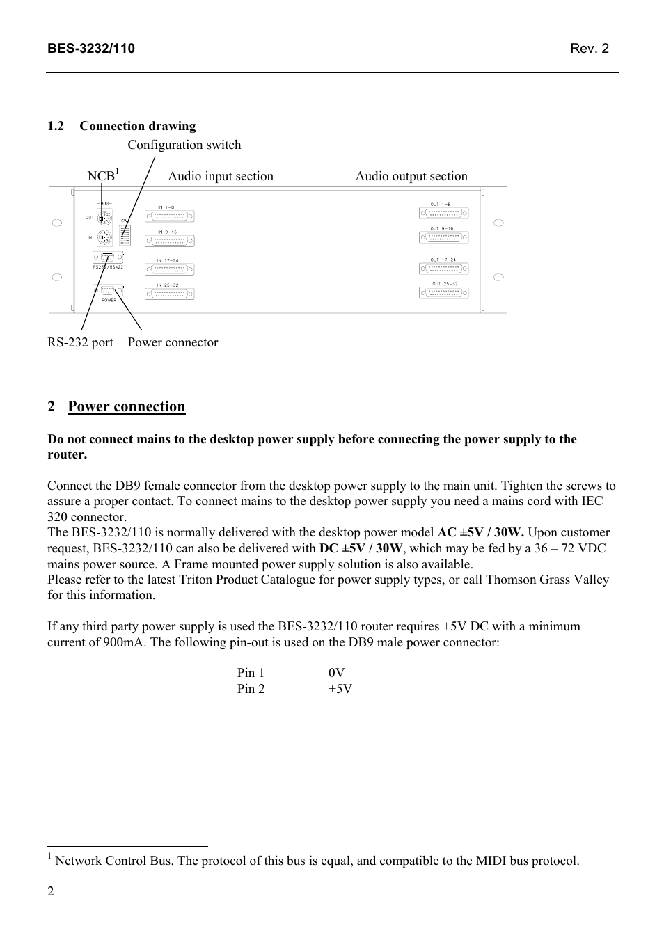 Connection drawing, Power connection, 2 connection | Drawing | Grass Valley TTN-BES-3232/110 User Manual | Page 10 / 25