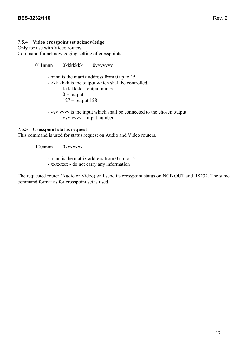 Video crosspoint set acknowledge, Crosspoint status request | Grass Valley TTN-BES-3232/110 User Manual | Page 25 / 25