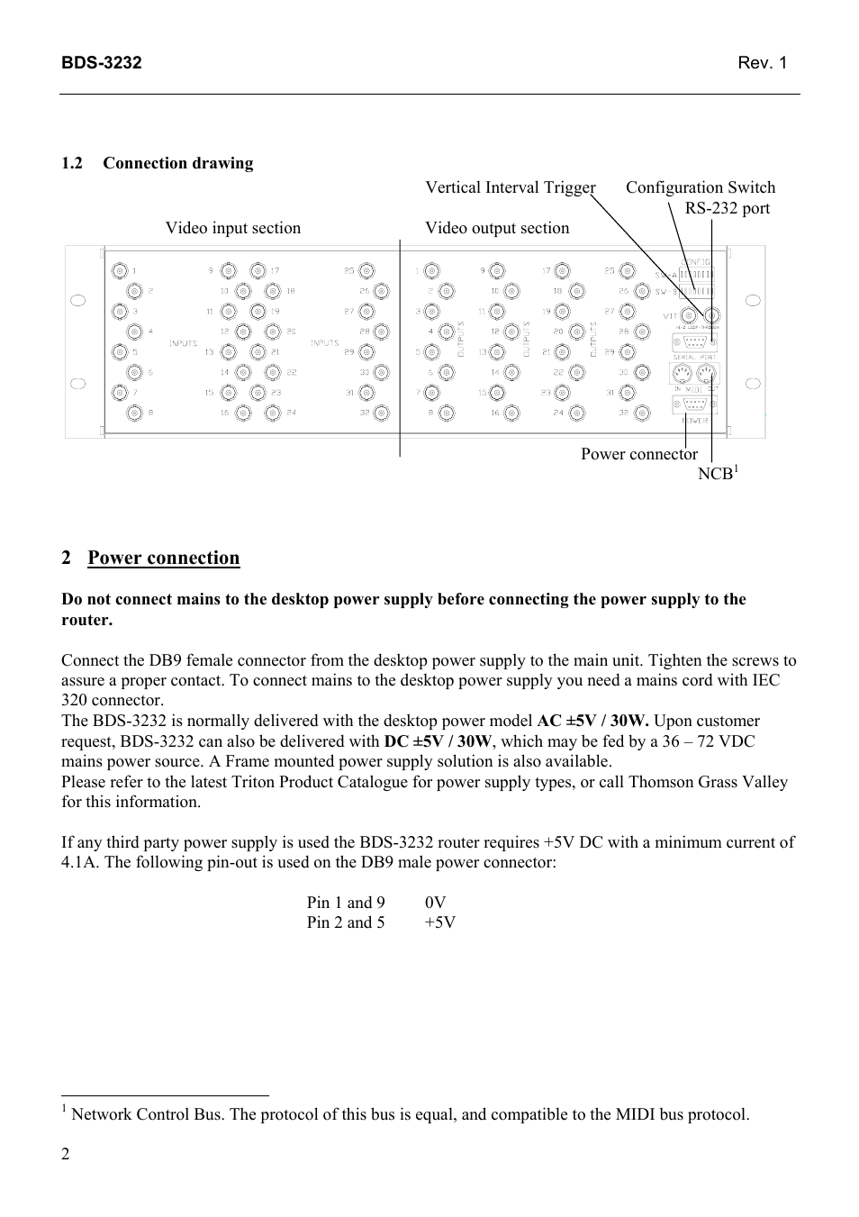 Connection drawing, Power connection, 2 connection | Drawing | Grass Valley TTN-BDS-3232 User Manual | Page 10 / 25