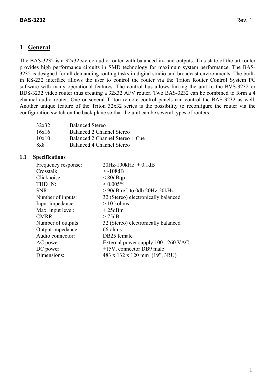 General, Specifications, General 1 | 1 specifications | Grass Valley TTN-BAS-3232 User Manual | Page 9 / 25