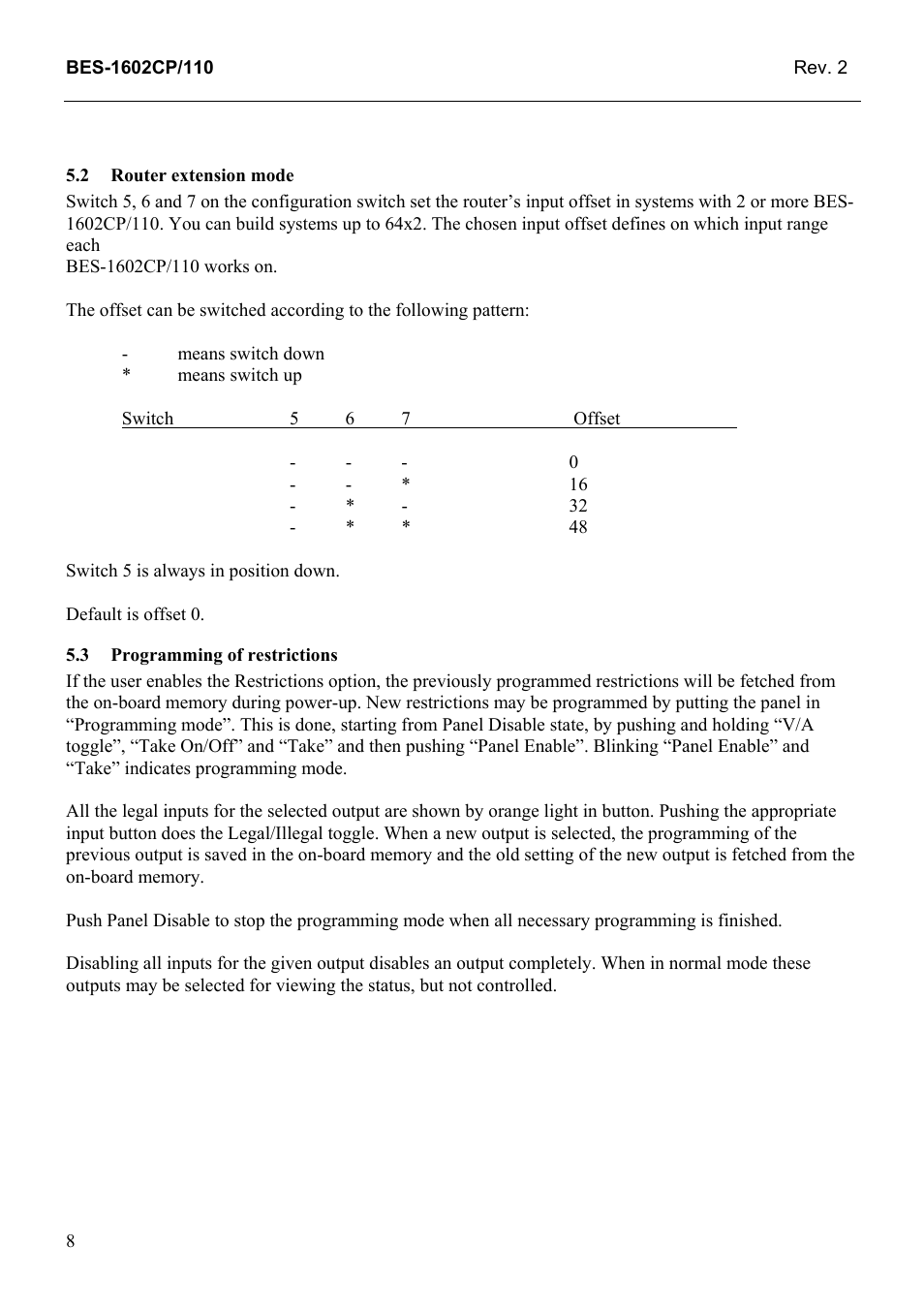 Router extension mode, Programming of restrictions | Grass Valley TTN-BES-1602CP/110 User Manual | Page 16 / 23