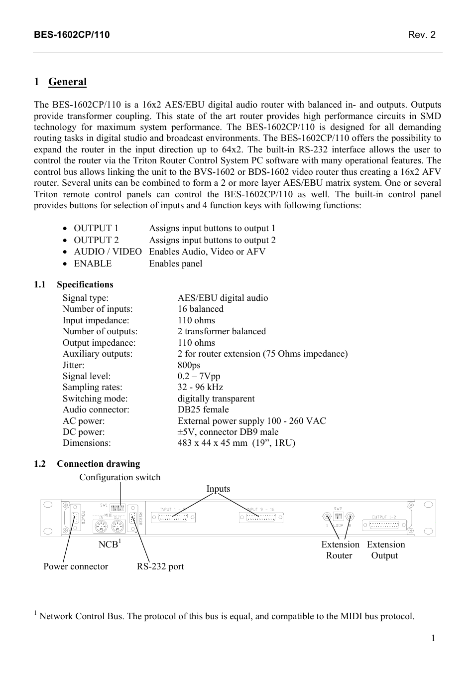 General, Specifications, Connection drawing | General 1, 1 specifications, 2 connection, Drawing | Grass Valley TTN-BES-1602CP/110 User Manual | Page 9 / 23