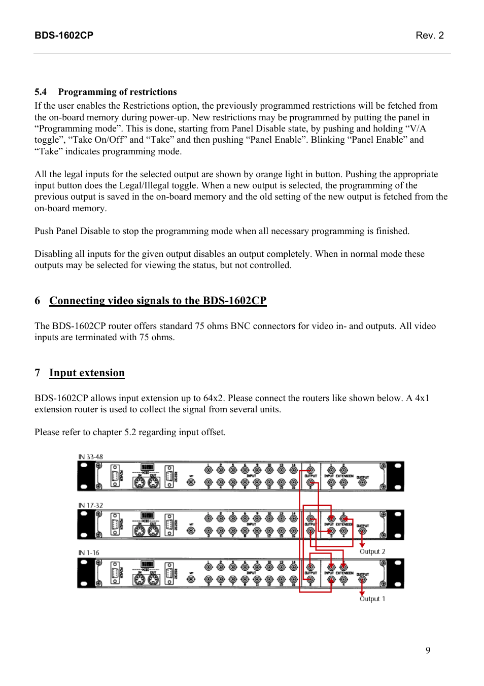 Programming of restrictions, Connecting video signals to the bds-1602cp, Input extension | Grass Valley TTN-BDS-1602CP User Manual | Page 17 / 22