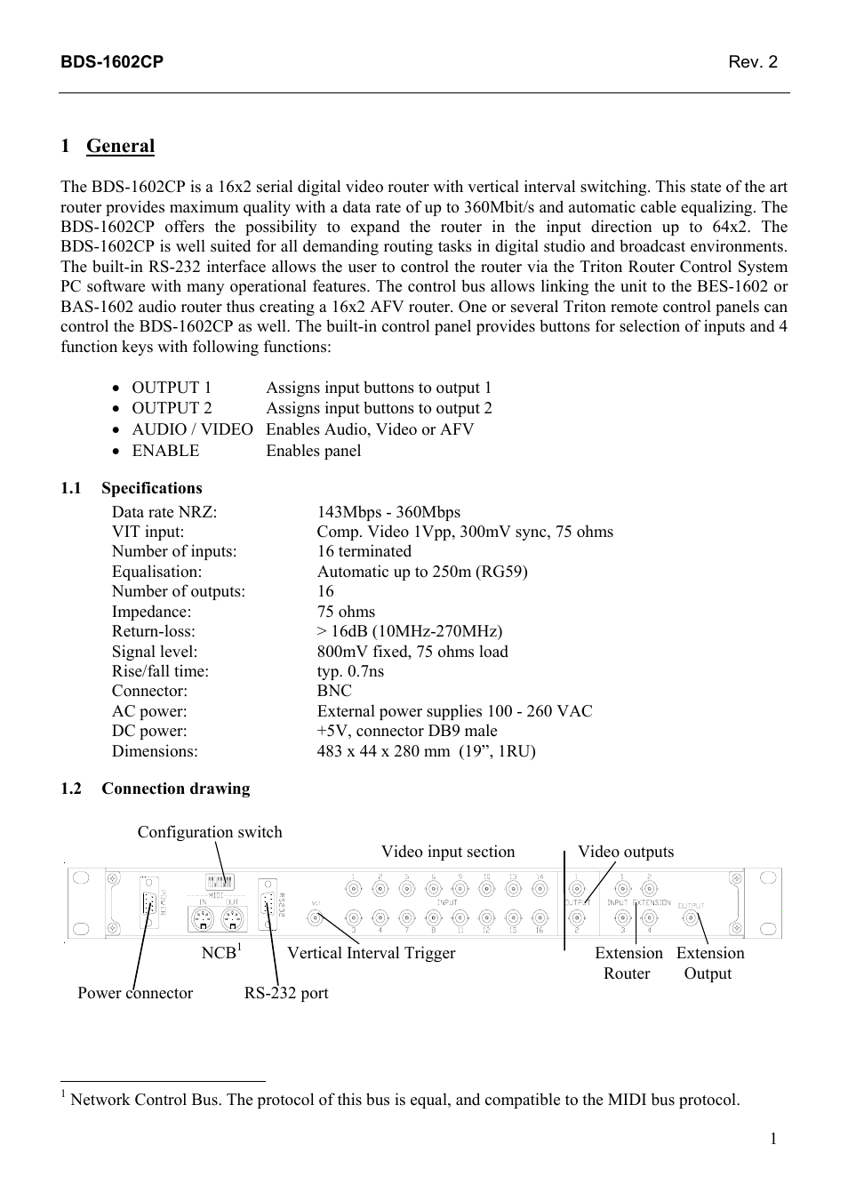 General, Specifications, Connection drawing | General 1, 1 specifications, 2 connection, Drawing | Grass Valley TTN-BDS-1602CP User Manual | Page 9 / 22