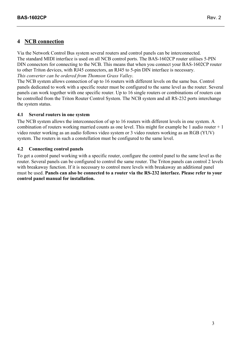 Ncb connection, Several routers in one system, Connecting control panels | Grass Valley TTN-BAS-1602CP User Manual | Page 11 / 23