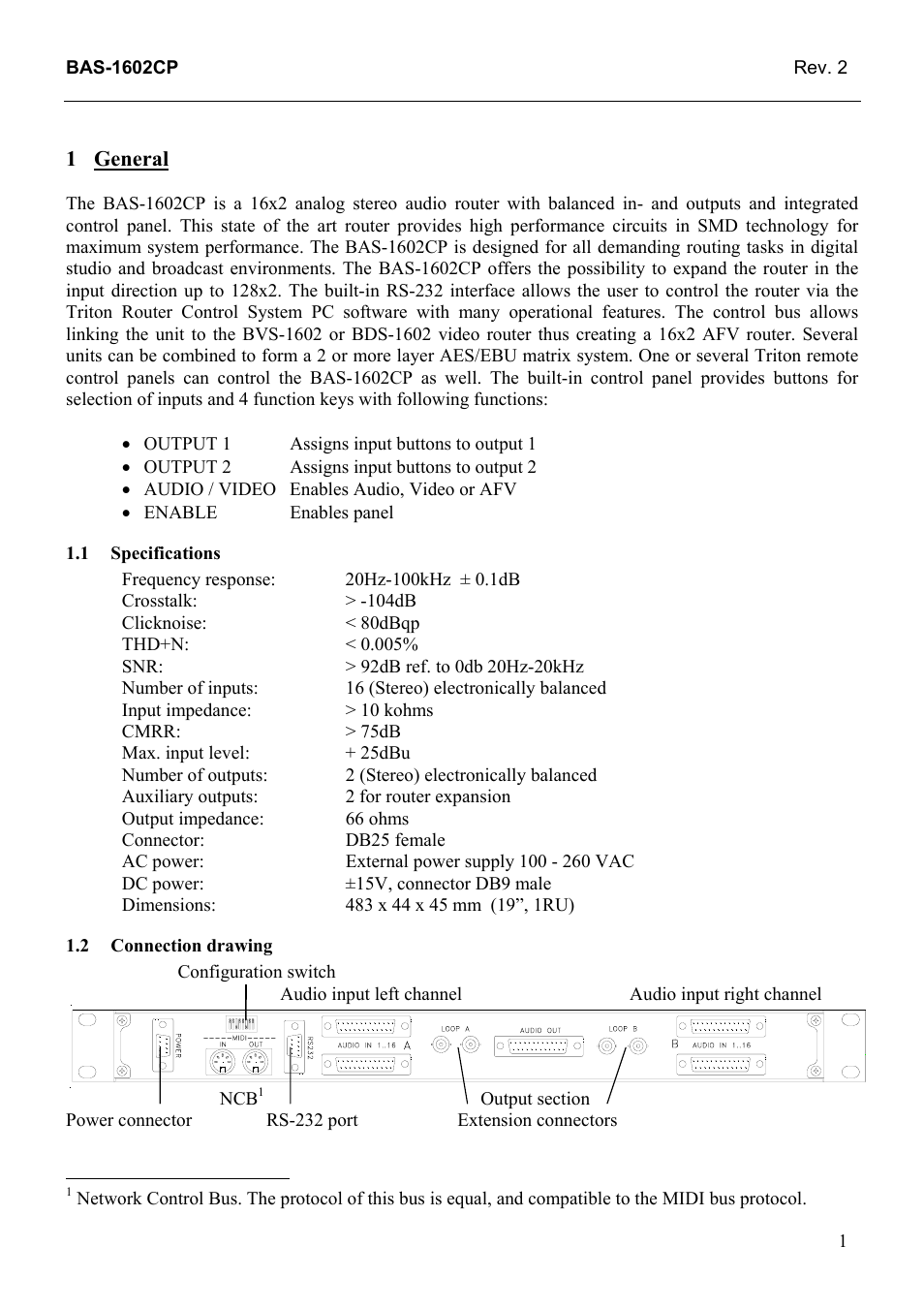General, Specifications, Connection drawing | General 1, 1 specifications, 2 connection, Drawing | Grass Valley TTN-BAS-1602CP User Manual | Page 9 / 23