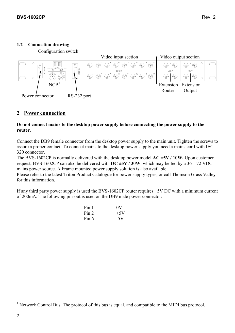 Connection drawing, Power connection, 2 connection | Drawing | Grass Valley TTN-BVS-1602CP User Manual | Page 10 / 24