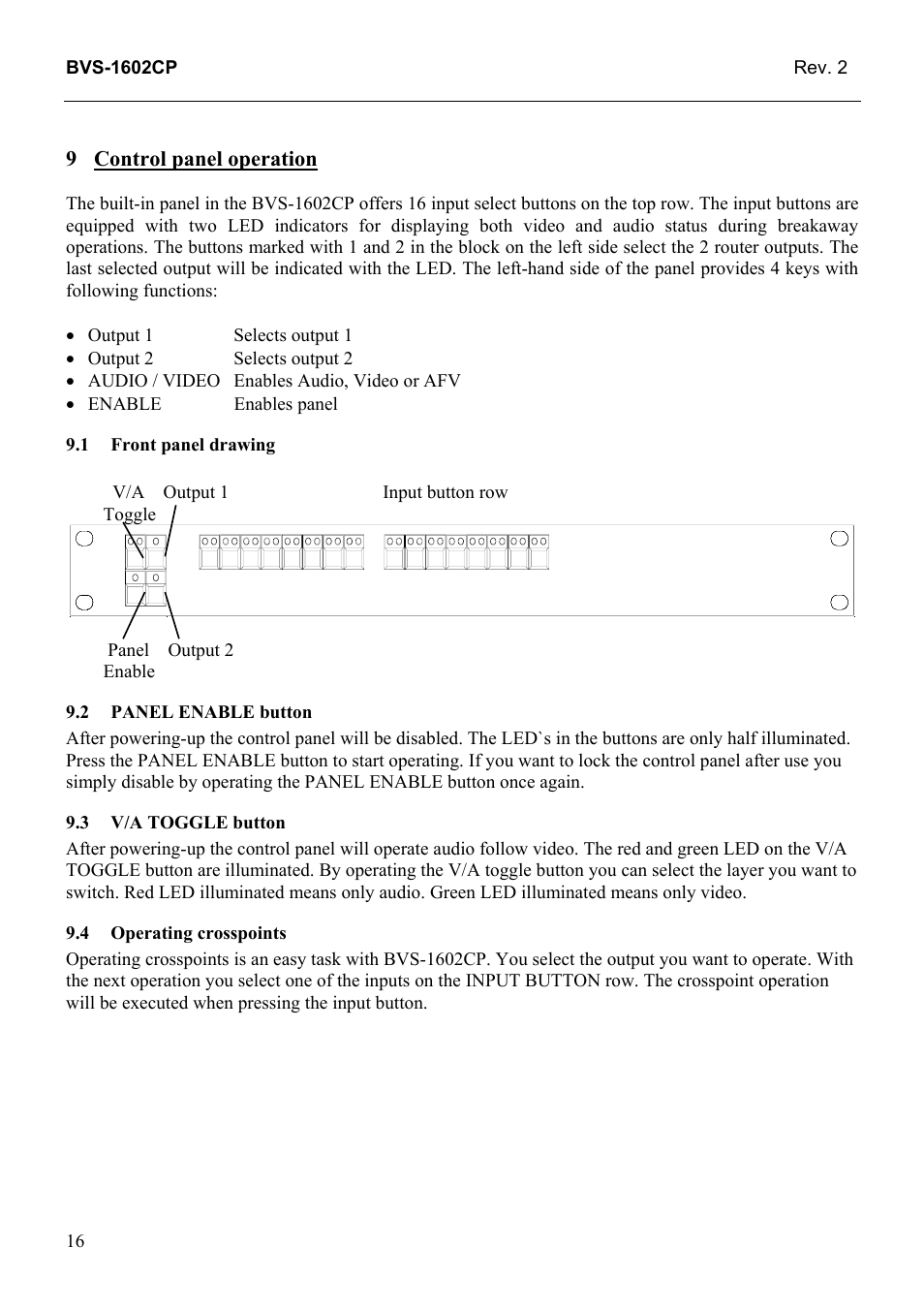 Control panel operation, Front panel drawing, Panel enable button | V/a toggle button, Operating crosspoints, 4 operating, Crosspoints | Grass Valley TTN-BVS-1602CP User Manual | Page 24 / 24