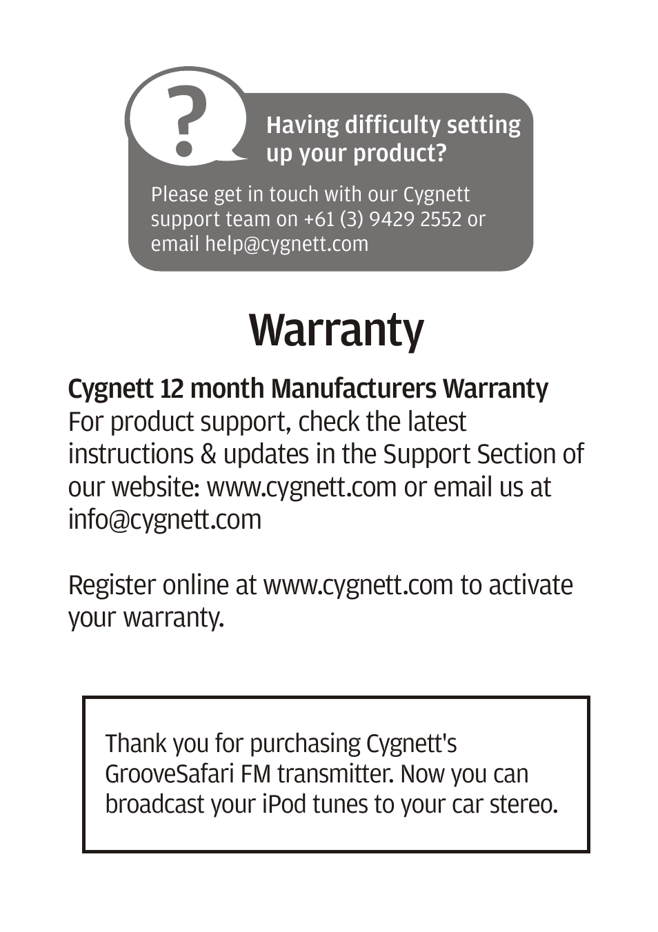 Warranty | Cygnett Mini Wireless FM transmitter User Manual | Page 2 / 8
