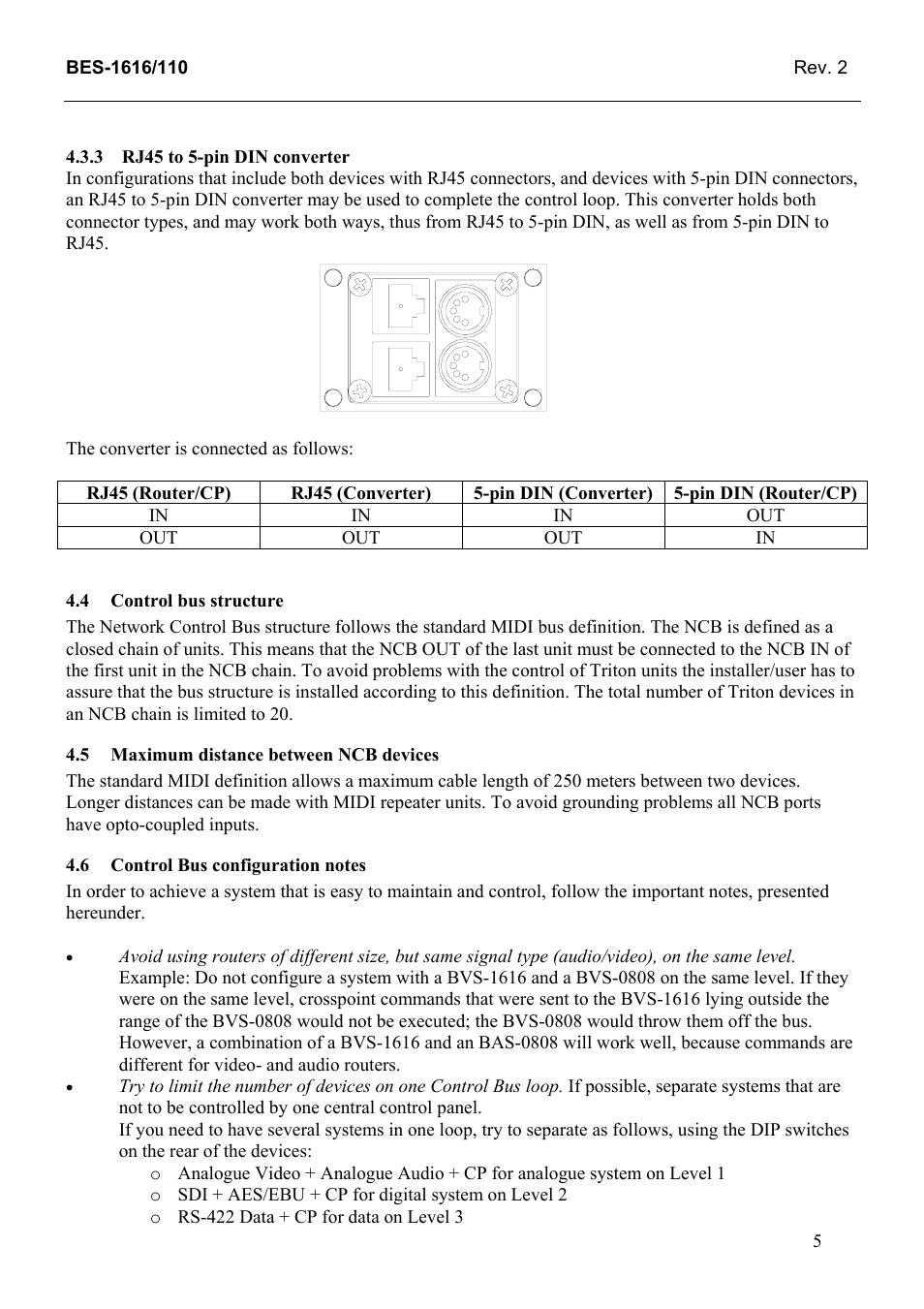 Rj45 to 5-pin din converter, Control bus structure, Maximum distance between ncb devices | Control bus configuration notes | Grass Valley TTN-BES-1616/110 User Manual | Page 13 / 23