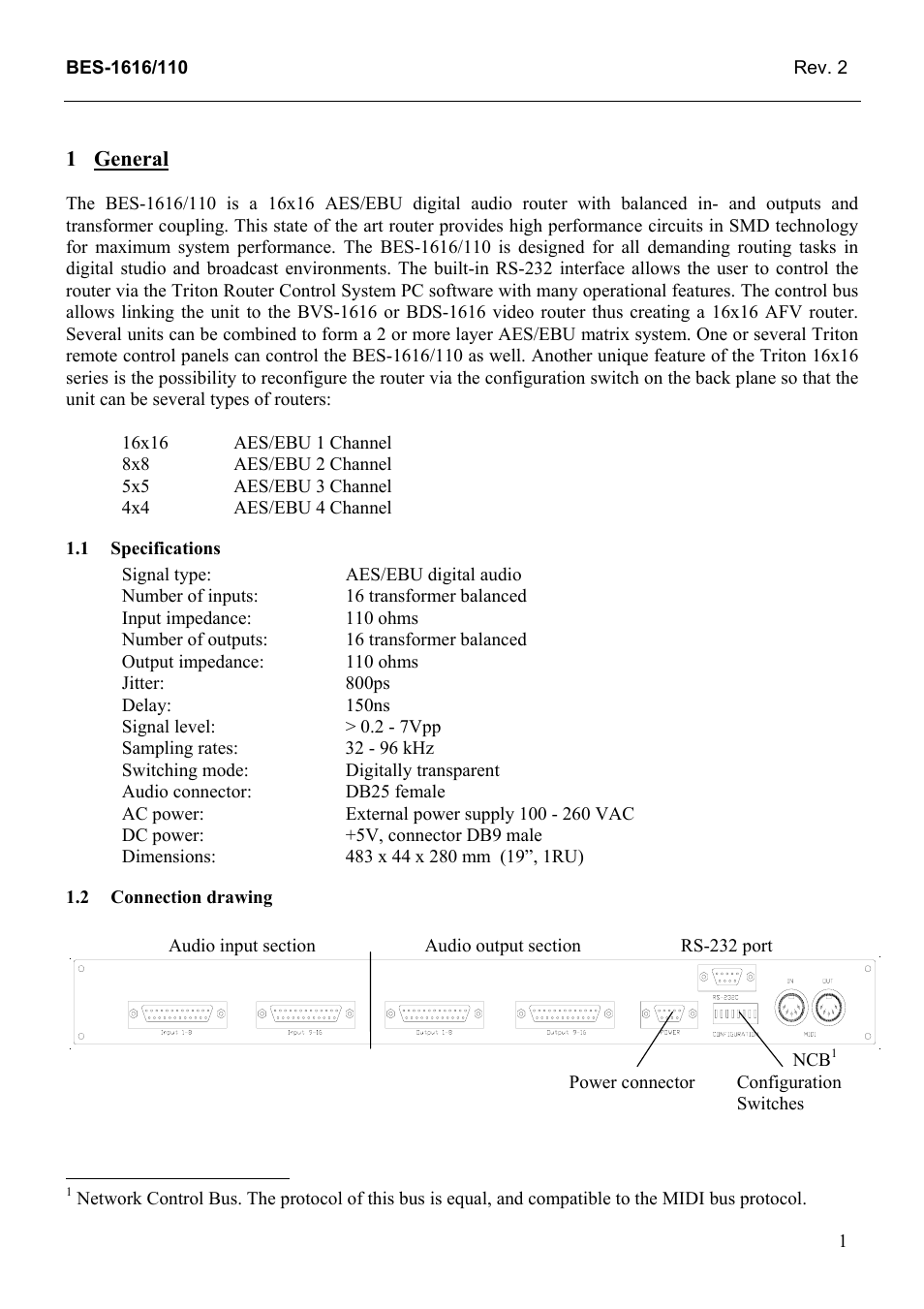 General, Specifications, Connection drawing | General 1, 1 specifications, 2 connection, Drawing | Grass Valley TTN-BES-1616/110 User Manual | Page 9 / 23
