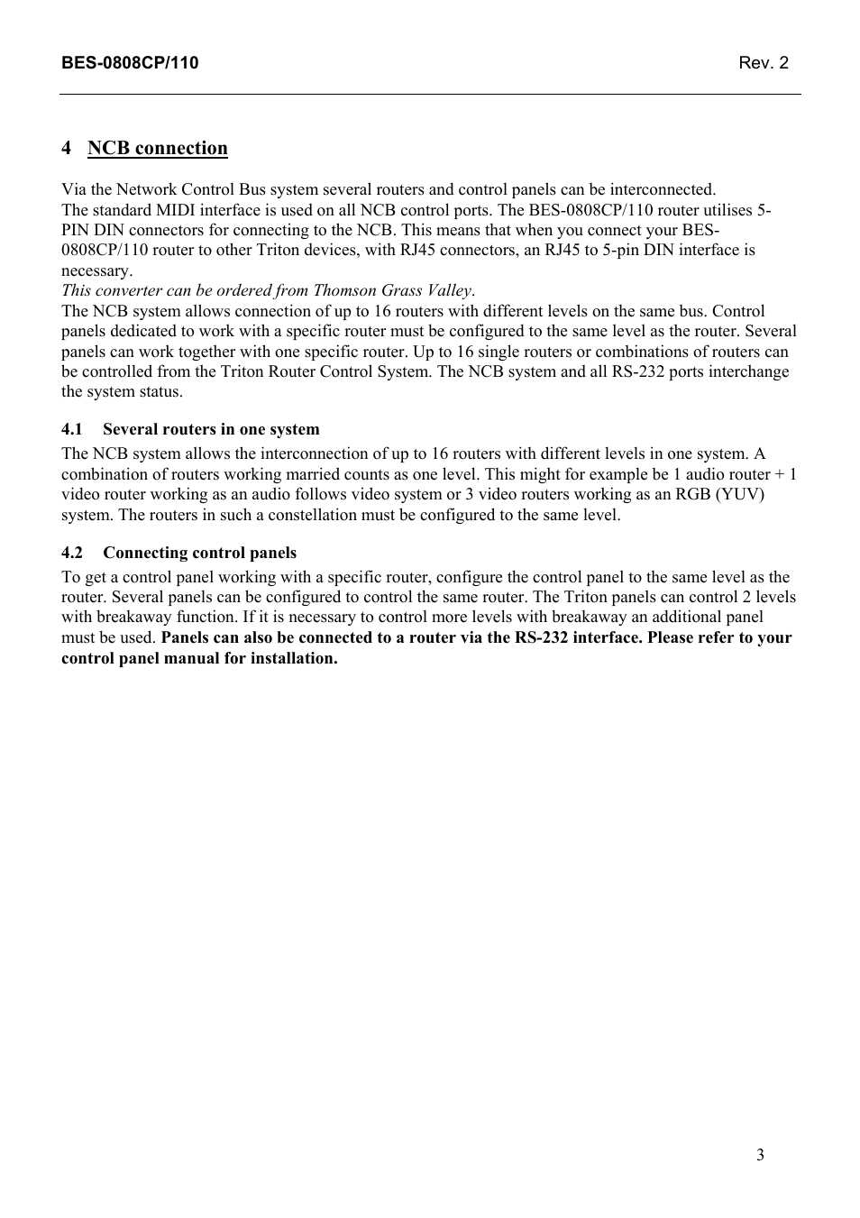 Ncb connection, Several routers in one system, Connecting control panels | Grass Valley TTN-BES-0808CP/110 User Manual | Page 11 / 23