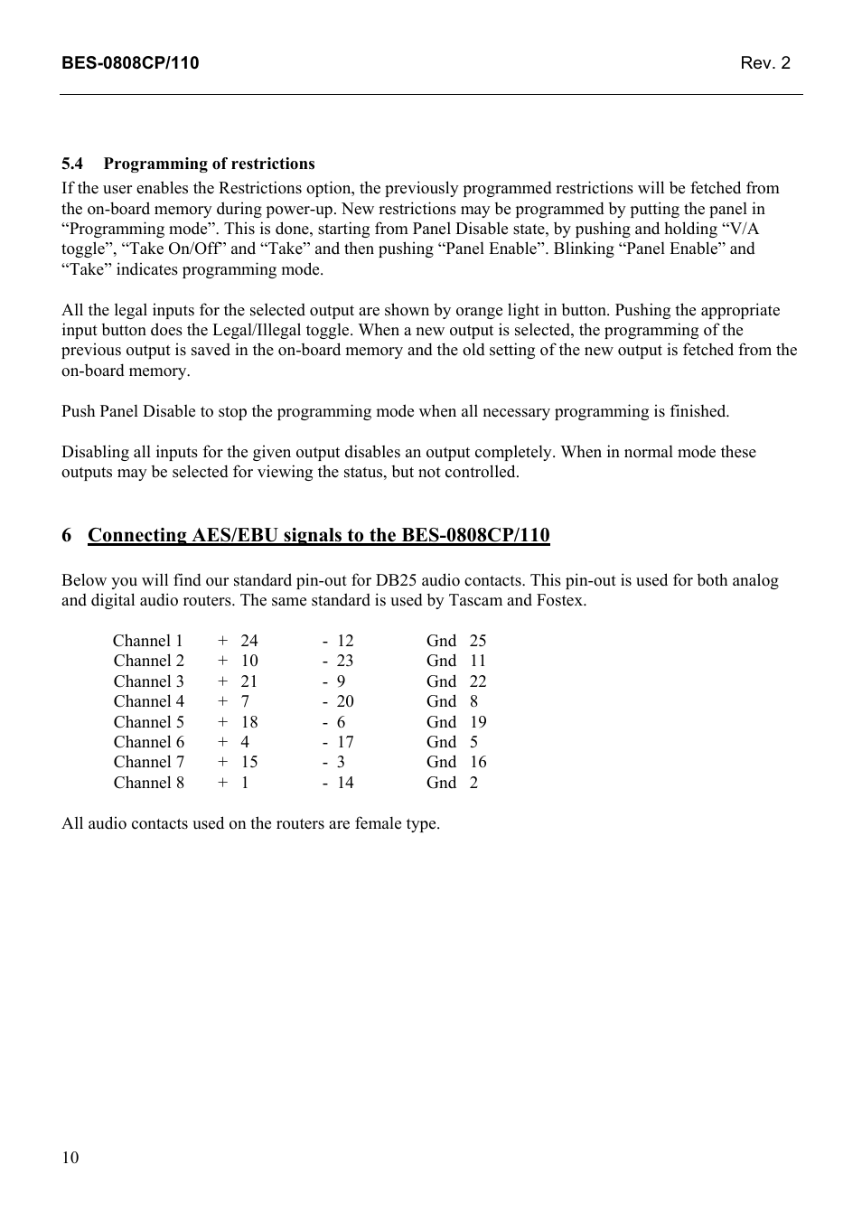 Programming of restrictions, Connecting aes/ebu signals to the bes-0808cp/110 | Grass Valley TTN-BES-0808CP/110 User Manual | Page 18 / 23