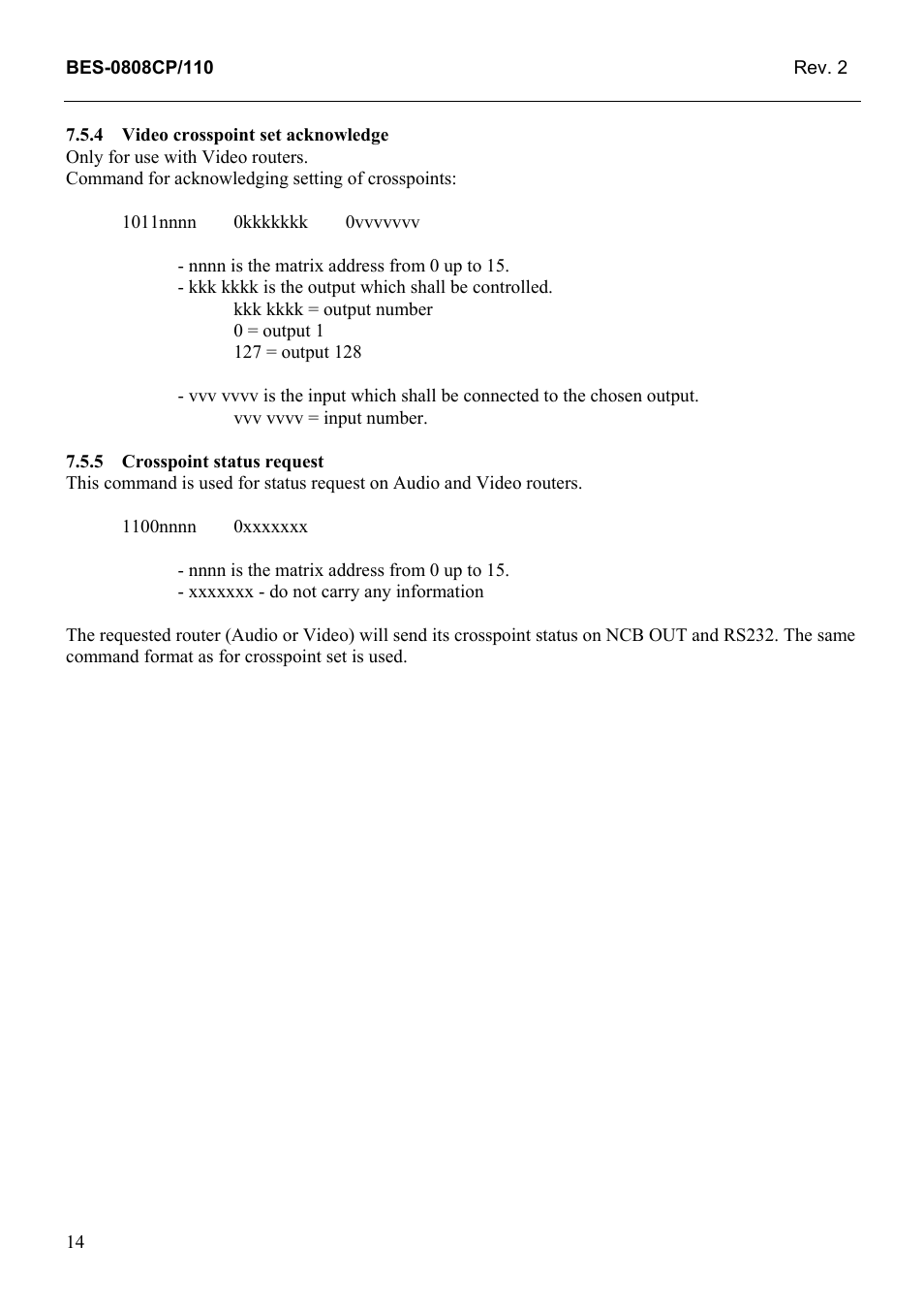Video crosspoint set acknowledge, Crosspoint status request | Grass Valley TTN-BES-0808CP/110 User Manual | Page 22 / 23