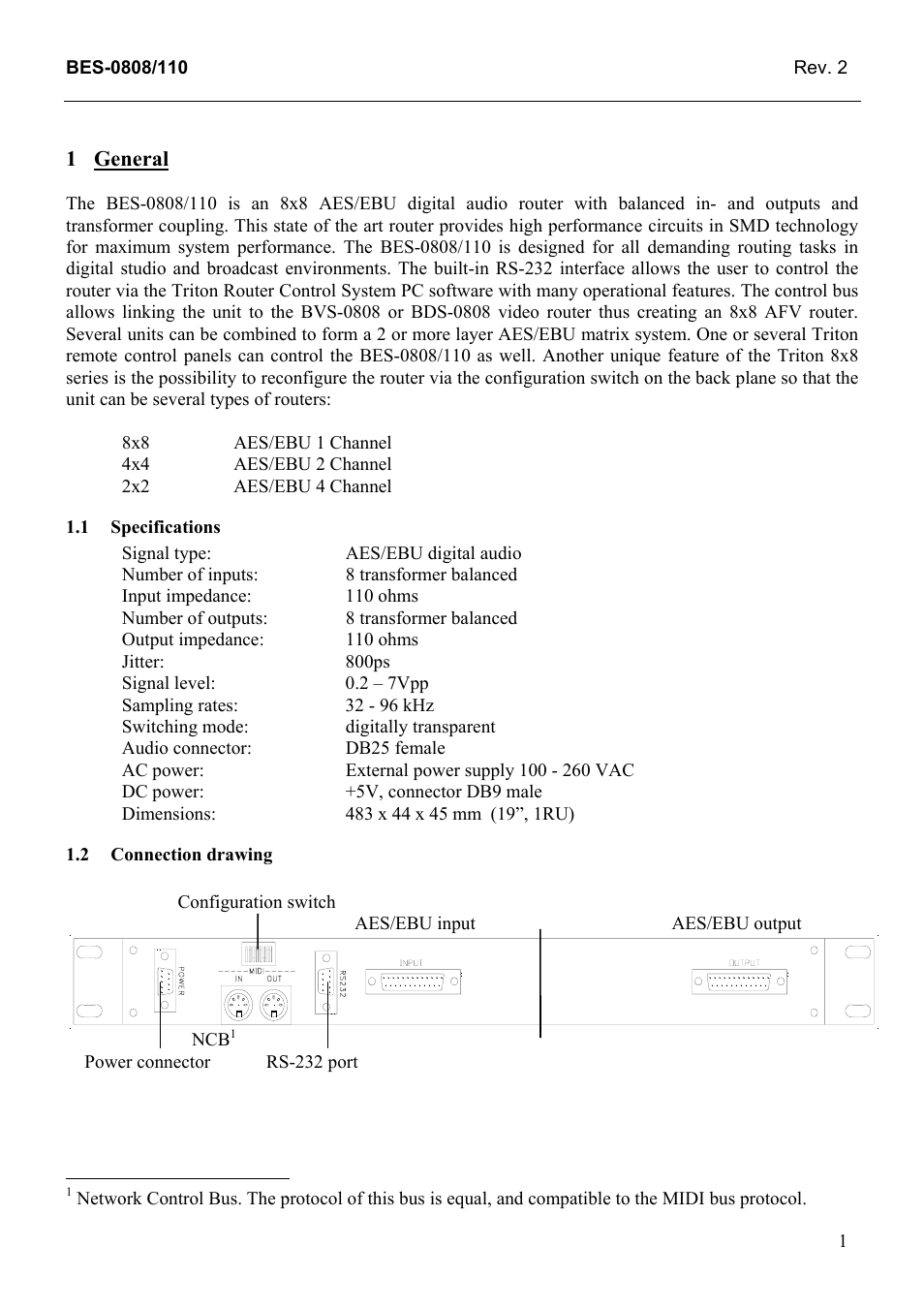 General, Specifications, Connection drawing | General 1, 1 specifications, 2 connection, Drawing | Grass Valley TTN-BES-0808/110 User Manual | Page 9 / 22