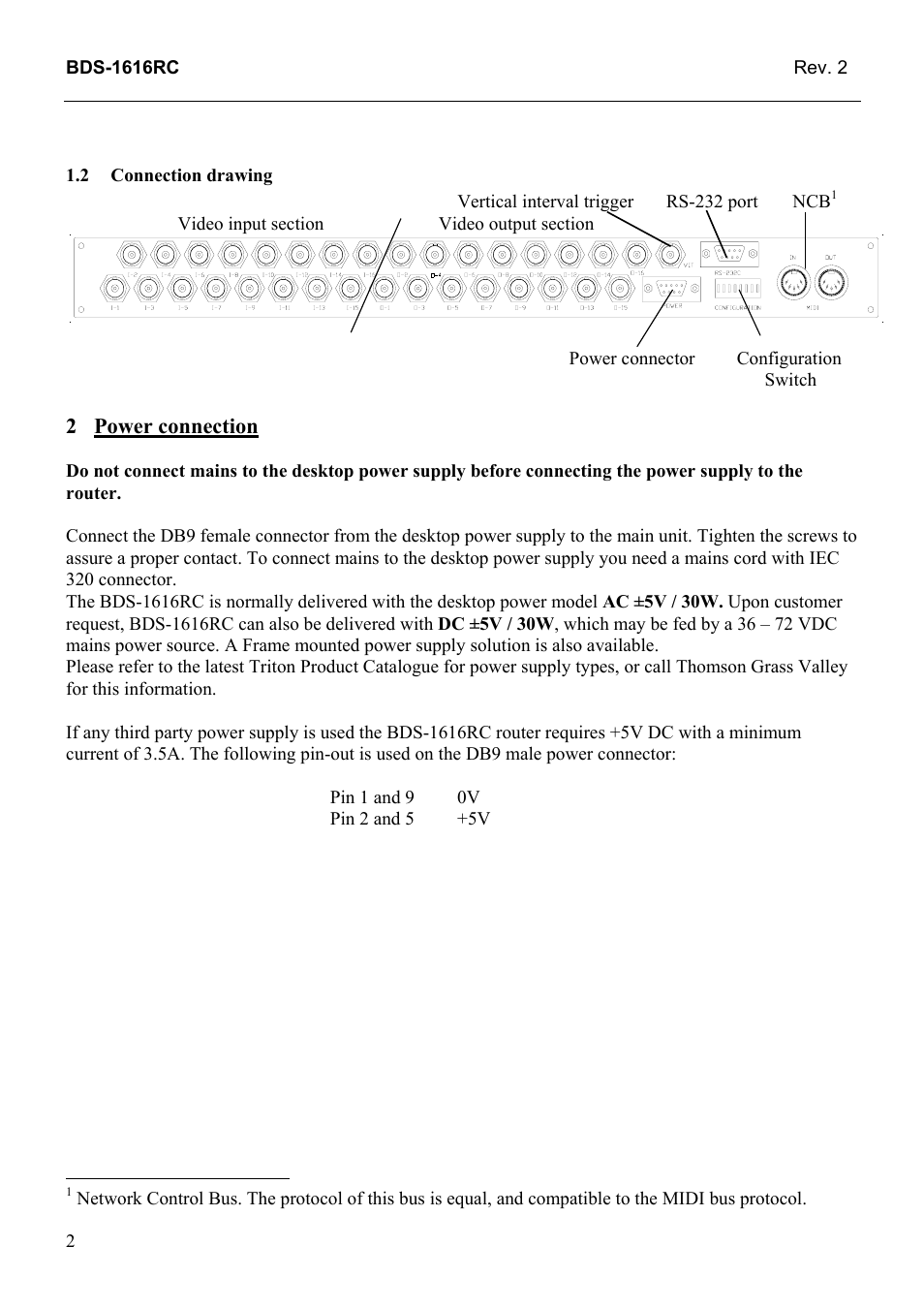 Connection drawing, Power connection, 2 connection | Drawing | Grass Valley TTN-BDS-1616RC User Manual | Page 10 / 24