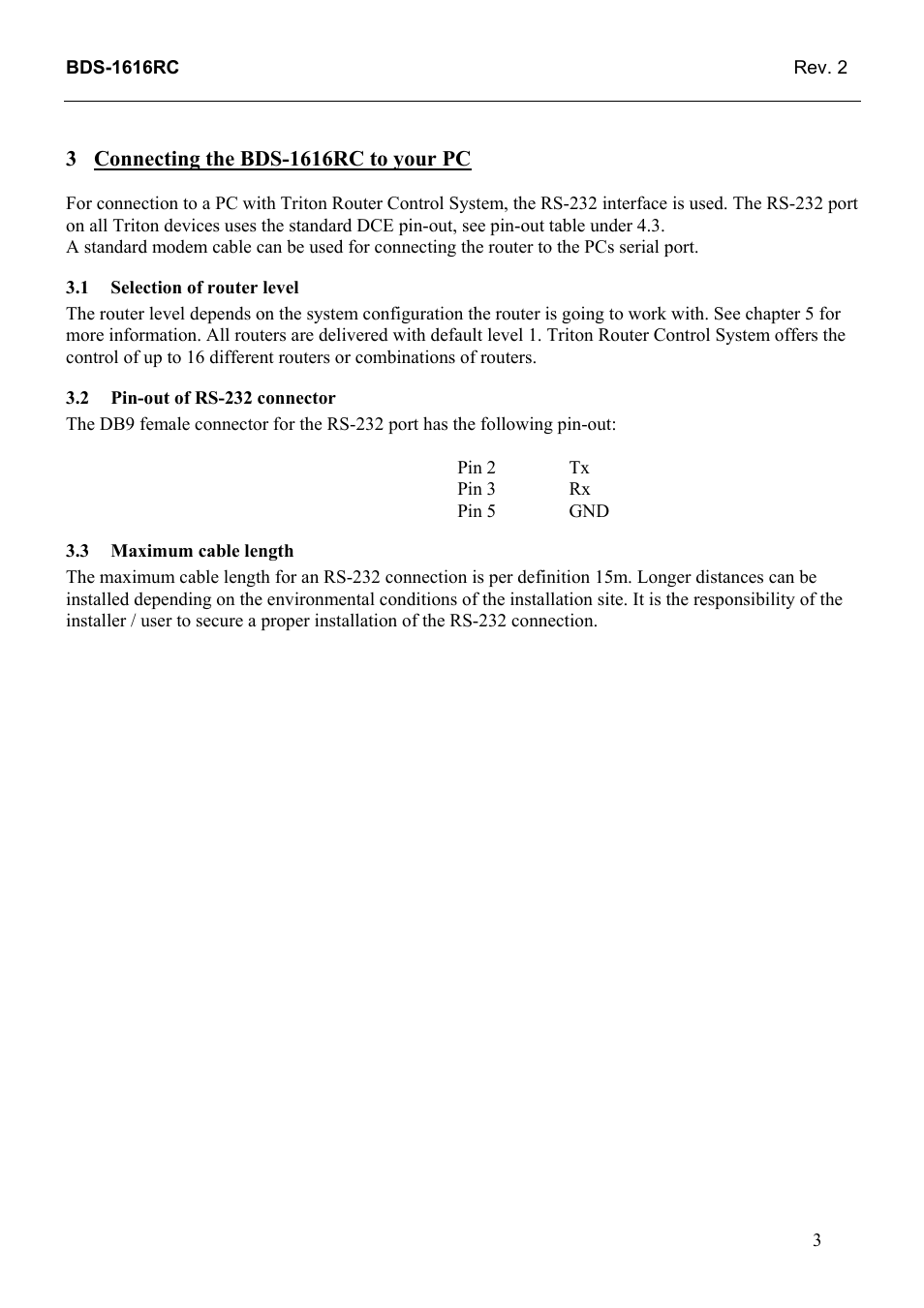 Connecting the bds-1616rc to your pc, Selection of router level, Pin-out of rs-232 connector | Maximum cable length | Grass Valley TTN-BDS-1616RC User Manual | Page 11 / 24