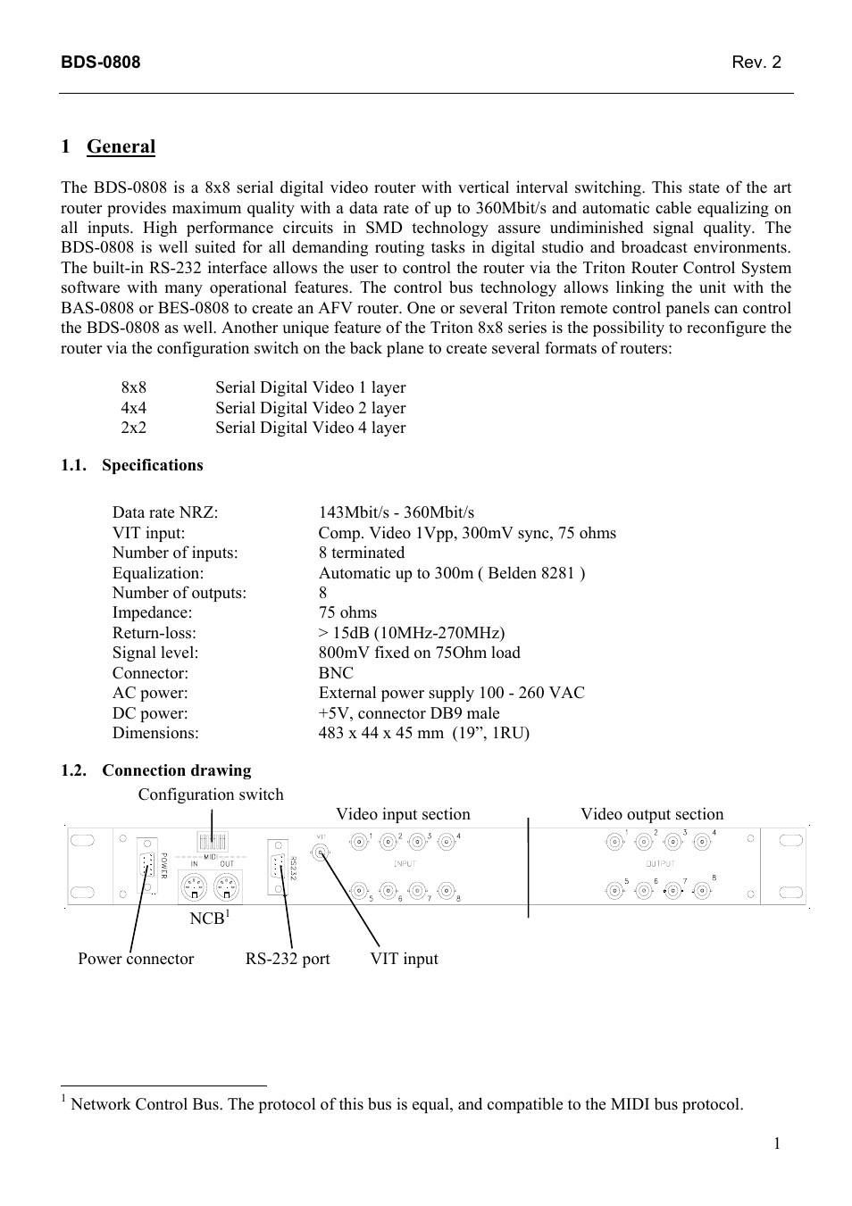 General, Specifications, Connection drawing | General 1, Connection, Drawing | Grass Valley TTN-BDS-0808 User Manual | Page 9 / 22