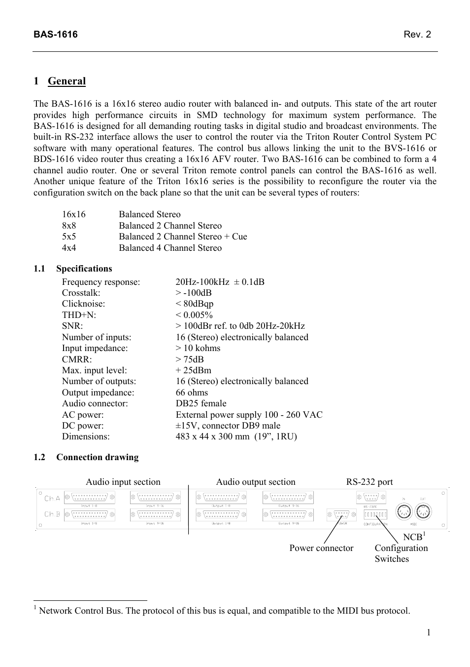 General, Specifications, Connection drawing | General 1, 1 specifications, 2 connection, Drawing | Grass Valley TTN-BAS-1616 User Manual | Page 9 / 23