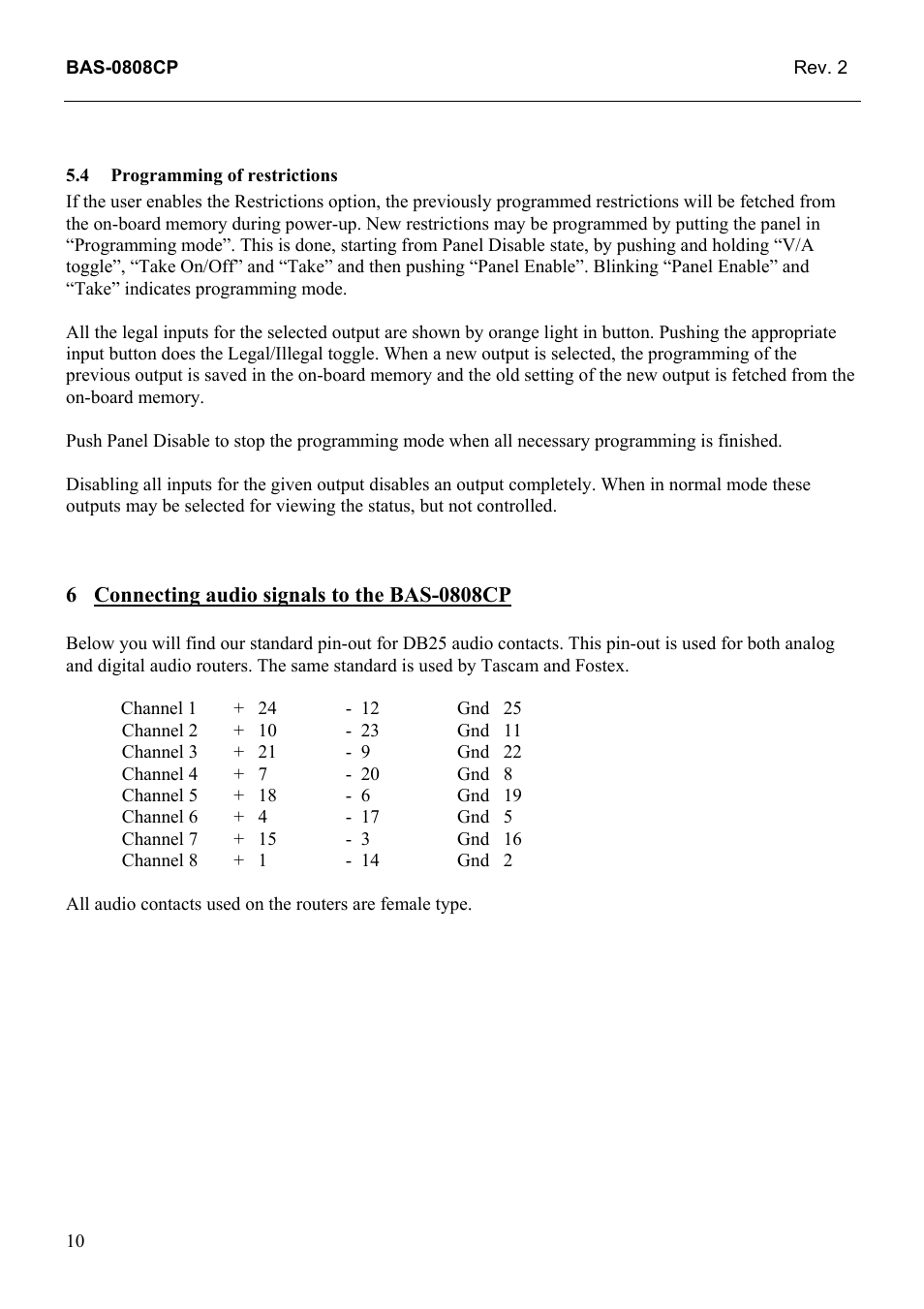 Programming of restrictions, Connecting audio signals to the bas-0808cp | Grass Valley TTN-BAS-0808CP User Manual | Page 18 / 23