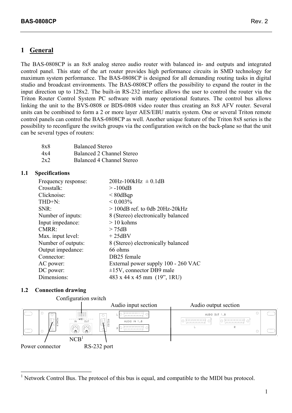 General, Specifications, Connection drawing | General 1, 1 specifications, 2 connection, Drawing | Grass Valley TTN-BAS-0808CP User Manual | Page 9 / 23