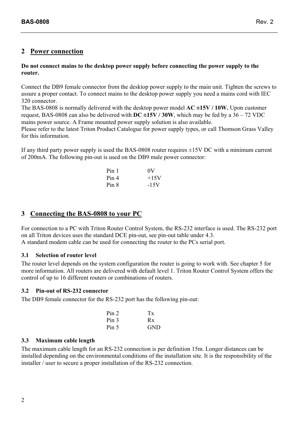Power connection, Connecting the bas-0808 to your pc, Selection of router level | Pin-out of rs-232 connector, Maximum cable length | Grass Valley TTN-BAS-0808 User Manual | Page 10 / 22
