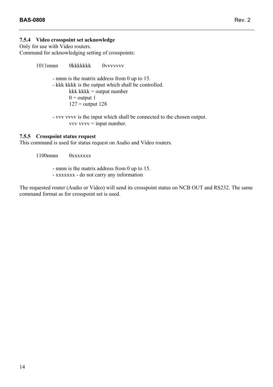 Video crosspoint set acknowledge, Crosspoint status request | Grass Valley TTN-BAS-0808 User Manual | Page 22 / 22