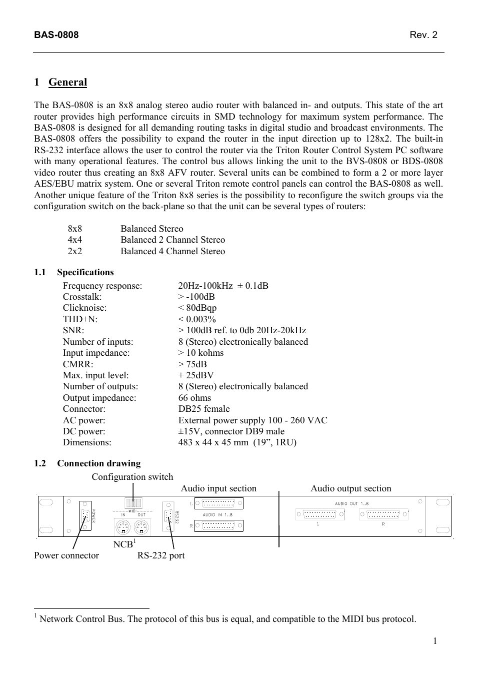 General, Specifications, Connection drawing | General 1, 1 specifications, 2 connection, Drawing | Grass Valley TTN-BAS-0808 User Manual | Page 9 / 22