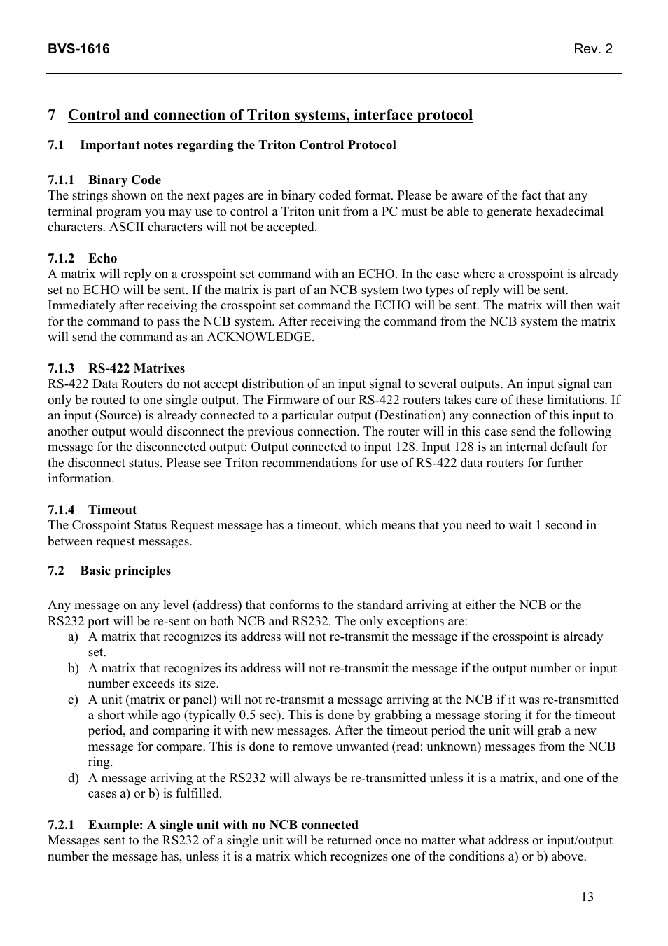 Binary code, Echo, Rs-422 matrixes | Timeout, Basic principles, Example: a single unit with no ncb connected, 1 binary, Code, 2 echo, 3 rs-422 | Grass Valley TTN-BVS-1616 User Manual | Page 21 / 24