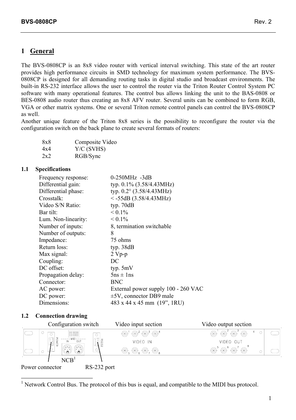 General, Specifications, Connection drawing | General 1, 1 specifications, 2 connection, Drawing | Grass Valley TTN-BVS-0808CP User Manual | Page 9 / 23