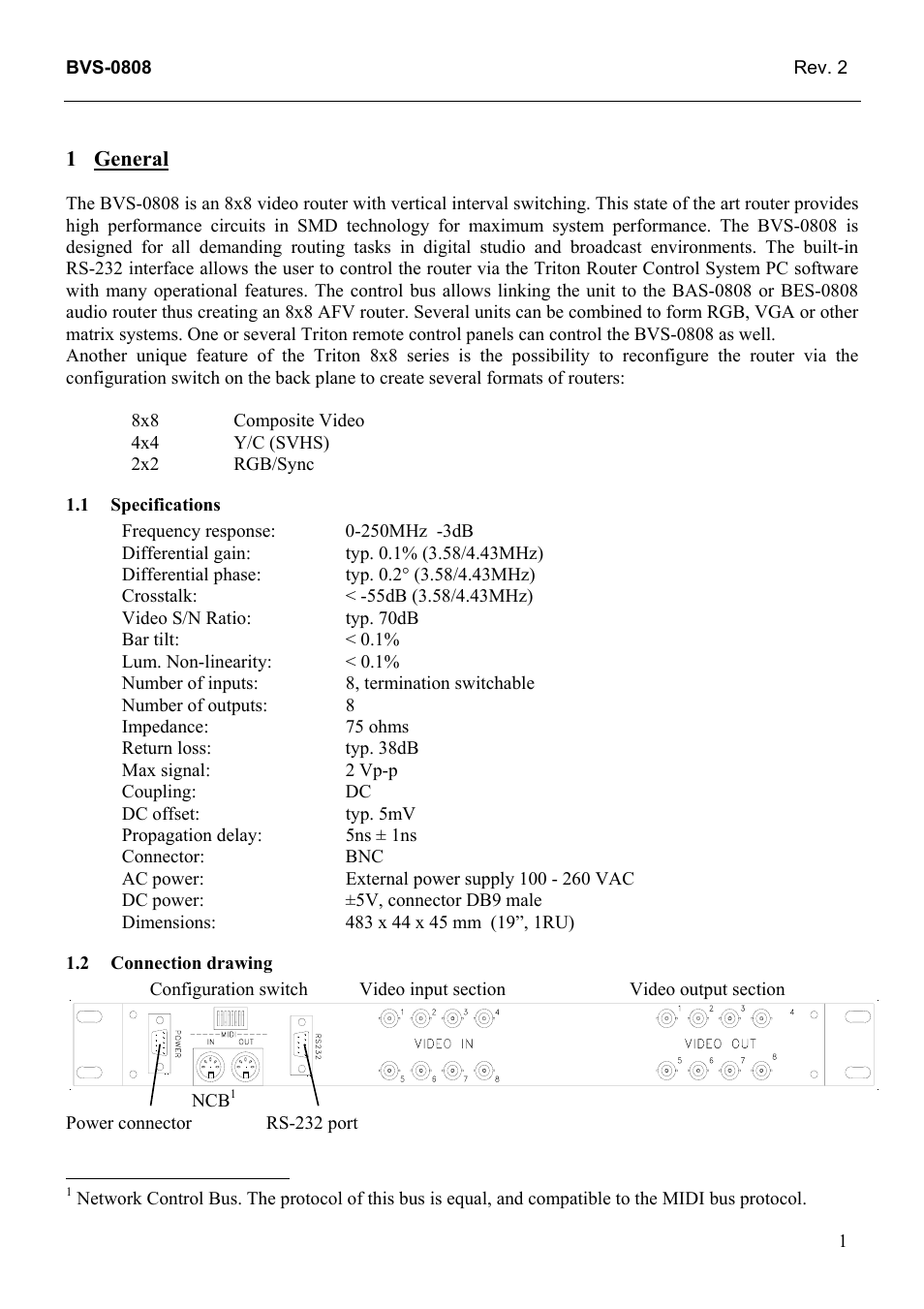 General, Specifications, Connection drawing | General 1, 1 specifications, 2 connection, Drawing | Grass Valley TTN-BVS-0808 User Manual | Page 9 / 22