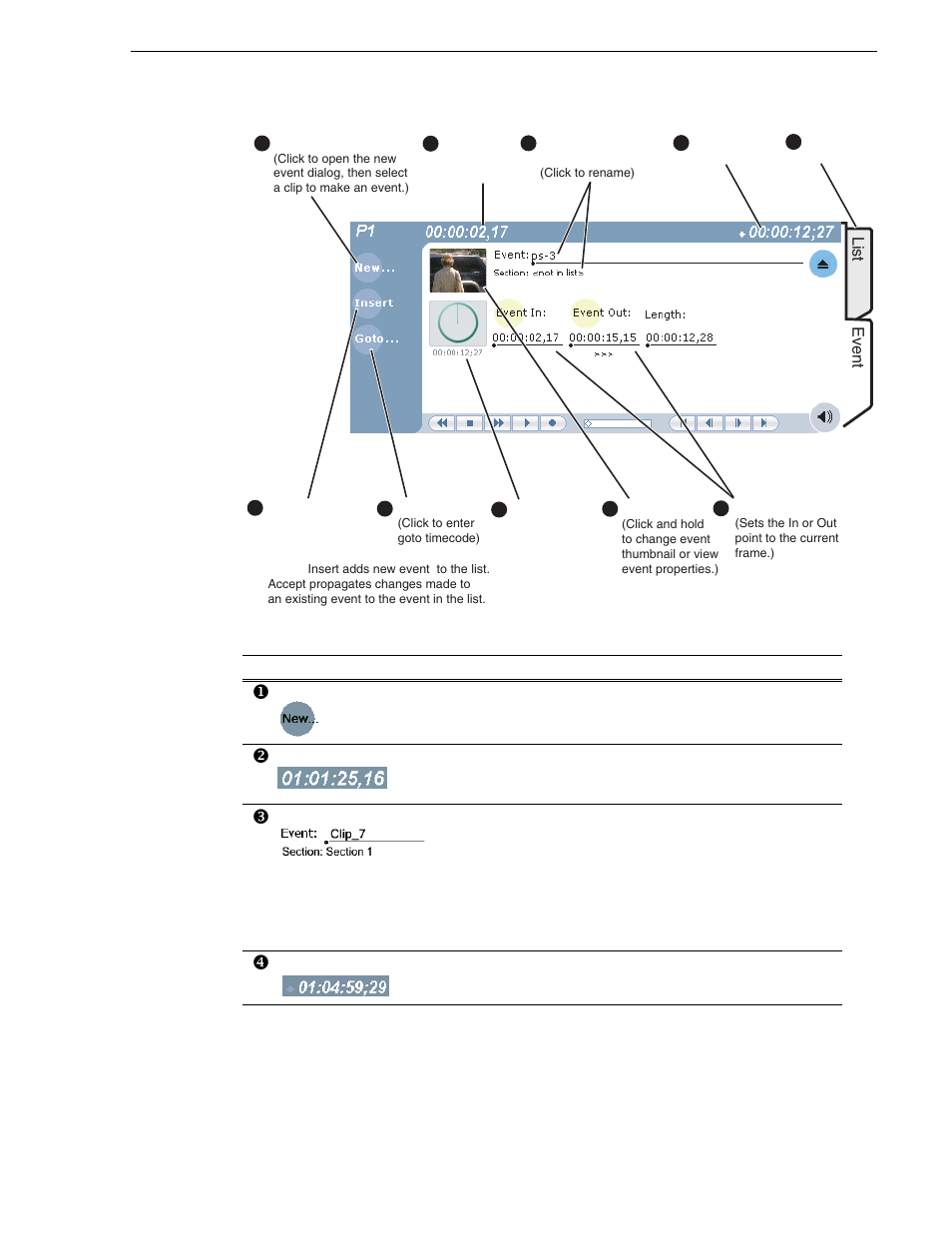 Clip name control, Subclip name control, Guide to using playlist mode: event view | Grass Valley Turbo iDDR v.2.3 User Manual | Page 171 / 300