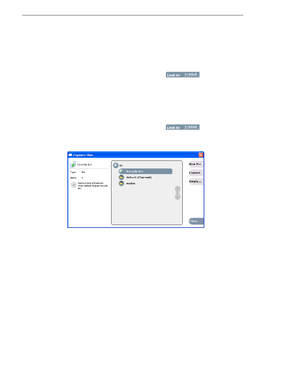 Emptying the recycle bin, Bypassing the recycle bin when deleting, Locating assets | Grass Valley Turbo iDDR v.2.3 User Manual | Page 230 / 300