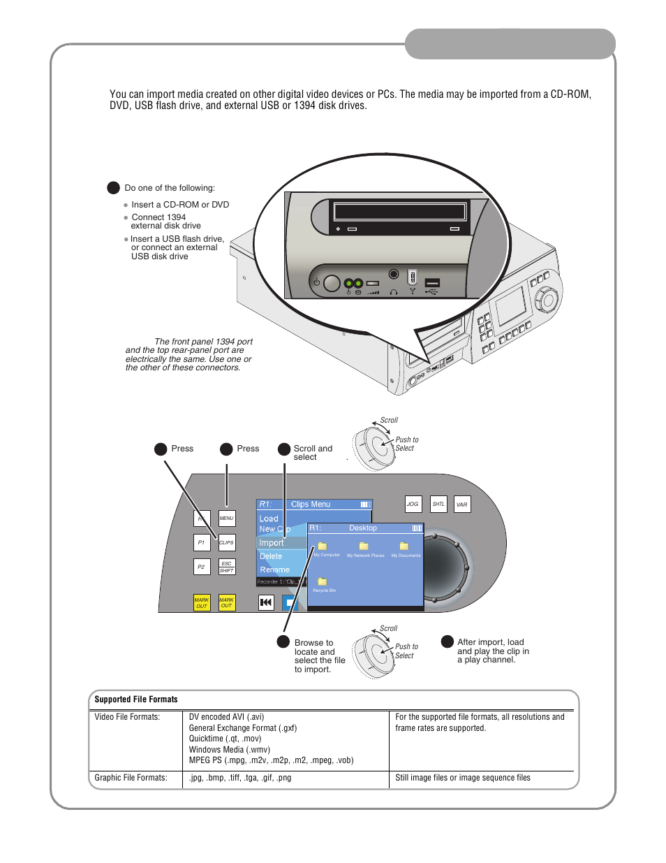 Importing media, Front panel operation | Grass Valley Turbo iDDR Quick Start User Manual | Page 11 / 25