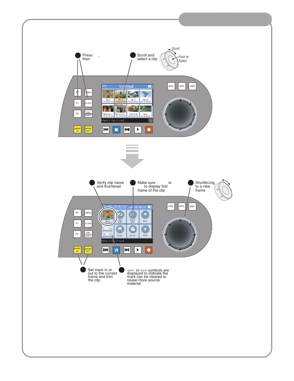 Trimming a clip, Front panel operation | Grass Valley Turbo iDDR Quick Start User Manual | Page 13 / 25