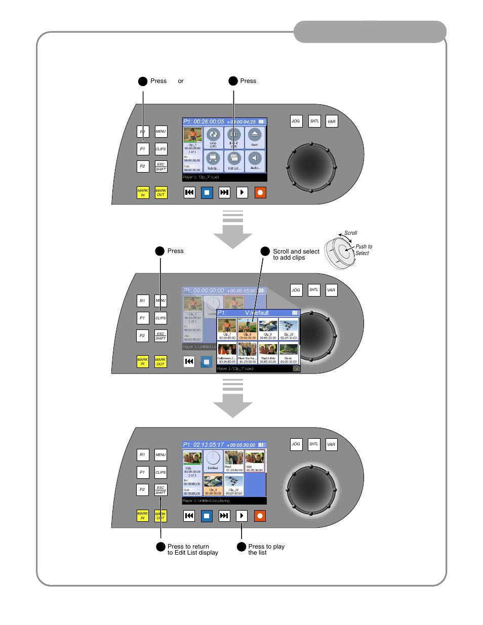 Creating a simple playist, Front panel operation | Grass Valley Turbo iDDR Quick Start User Manual | Page 14 / 25