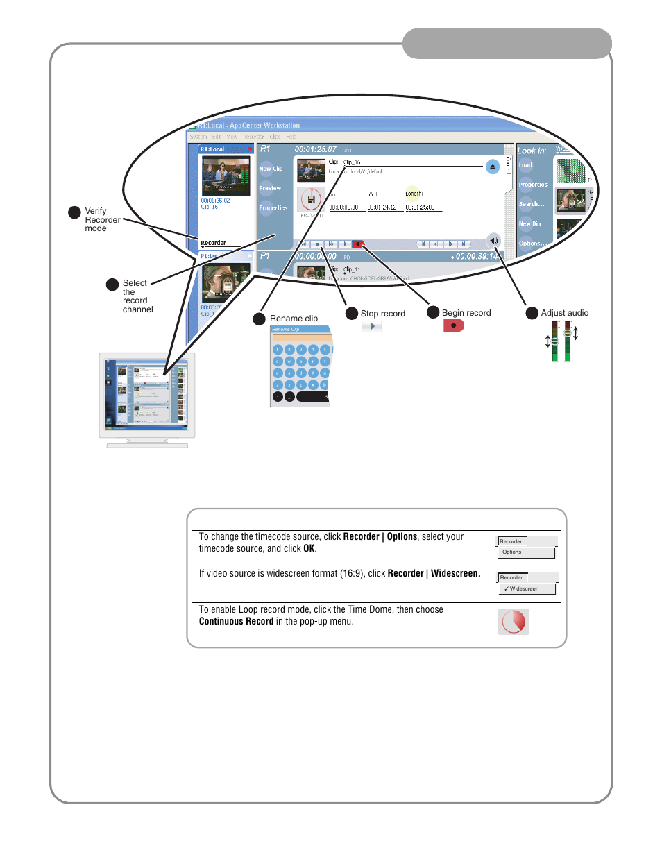 Record a clip, Workstation operation | Grass Valley Turbo iDDR Quick Start User Manual | Page 17 / 25