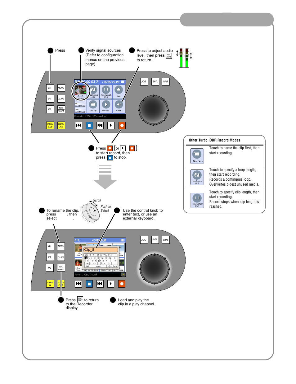 Recording a clip, Front panel operation | Grass Valley Turbo iDDR Quick Start User Manual | Page 9 / 25