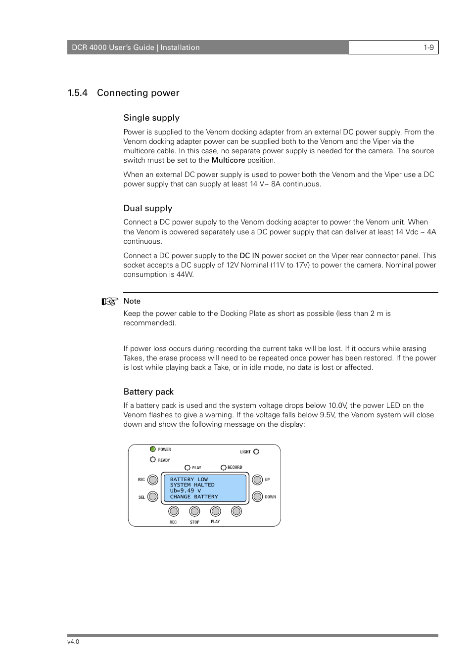 4 connecting power, Single supply, Dual supply | Battery pack | Grass Valley DCR 4000 User Manual | Page 15 / 40