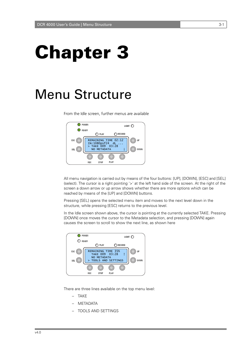 Chapter 3, Menu structure | Grass Valley DCR 4000 User Manual | Page 29 / 40