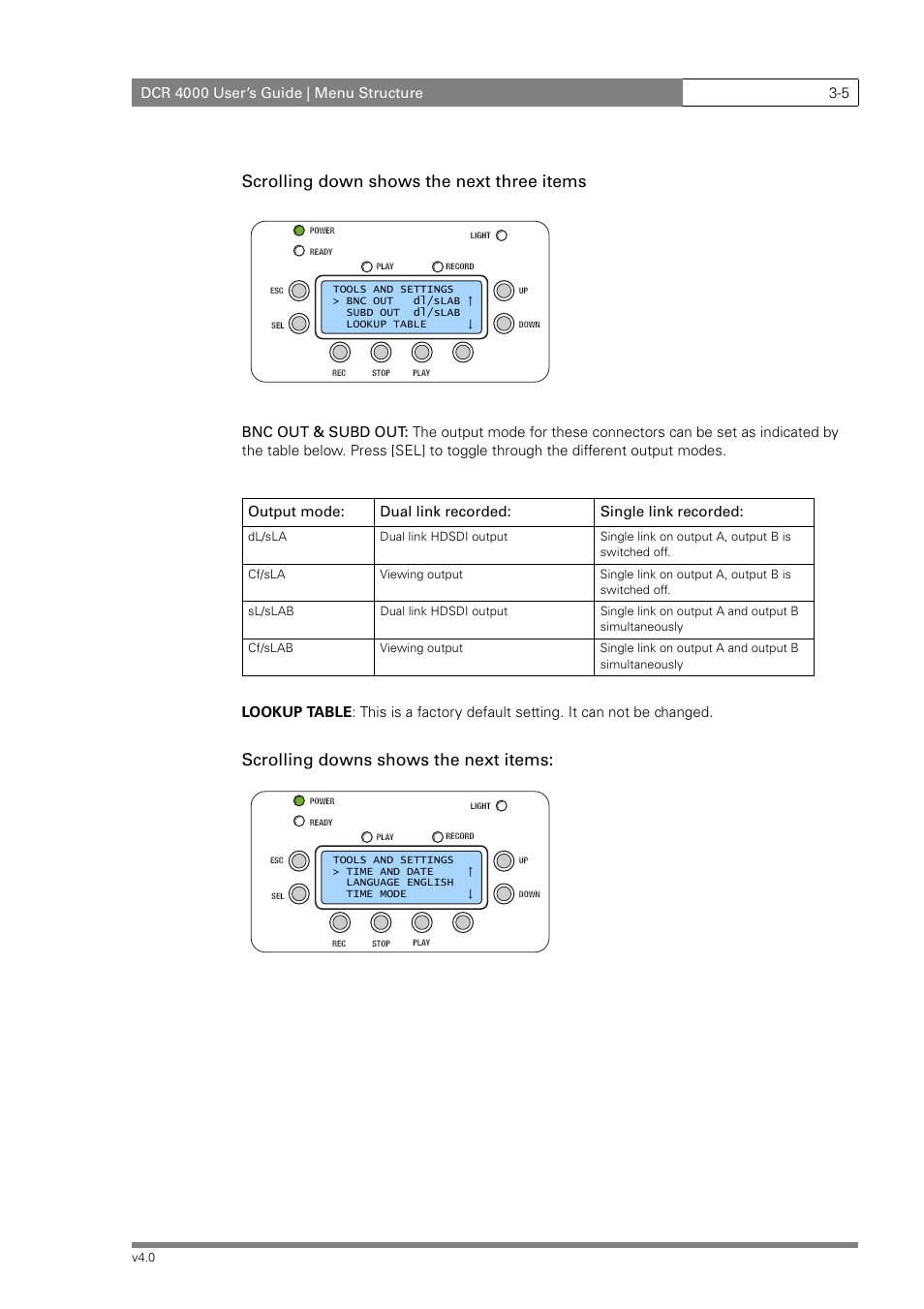 Scrolling down shows the next three items, Scrolling downs shows the next items | Grass Valley DCR 4000 User Manual | Page 33 / 40