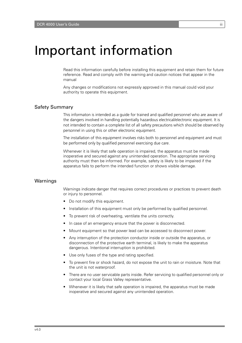 Important information | Grass Valley DCR 4000 User Manual | Page 5 / 40
