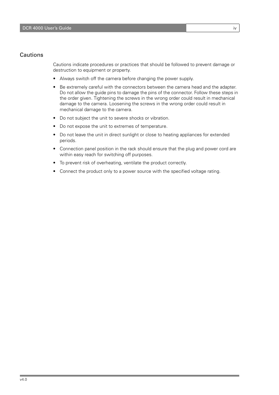 Cautions | Grass Valley DCR 4000 User Manual | Page 6 / 40