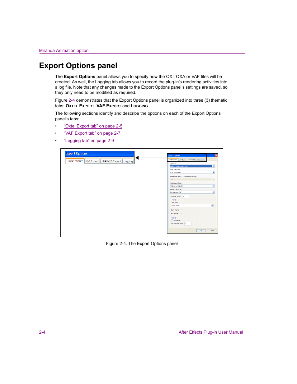 Export options panel, Export options panel -4, Export | Grass Valley After Effects Plug-in Vertigo Suite v.4.9 User Manual | Page 10 / 30