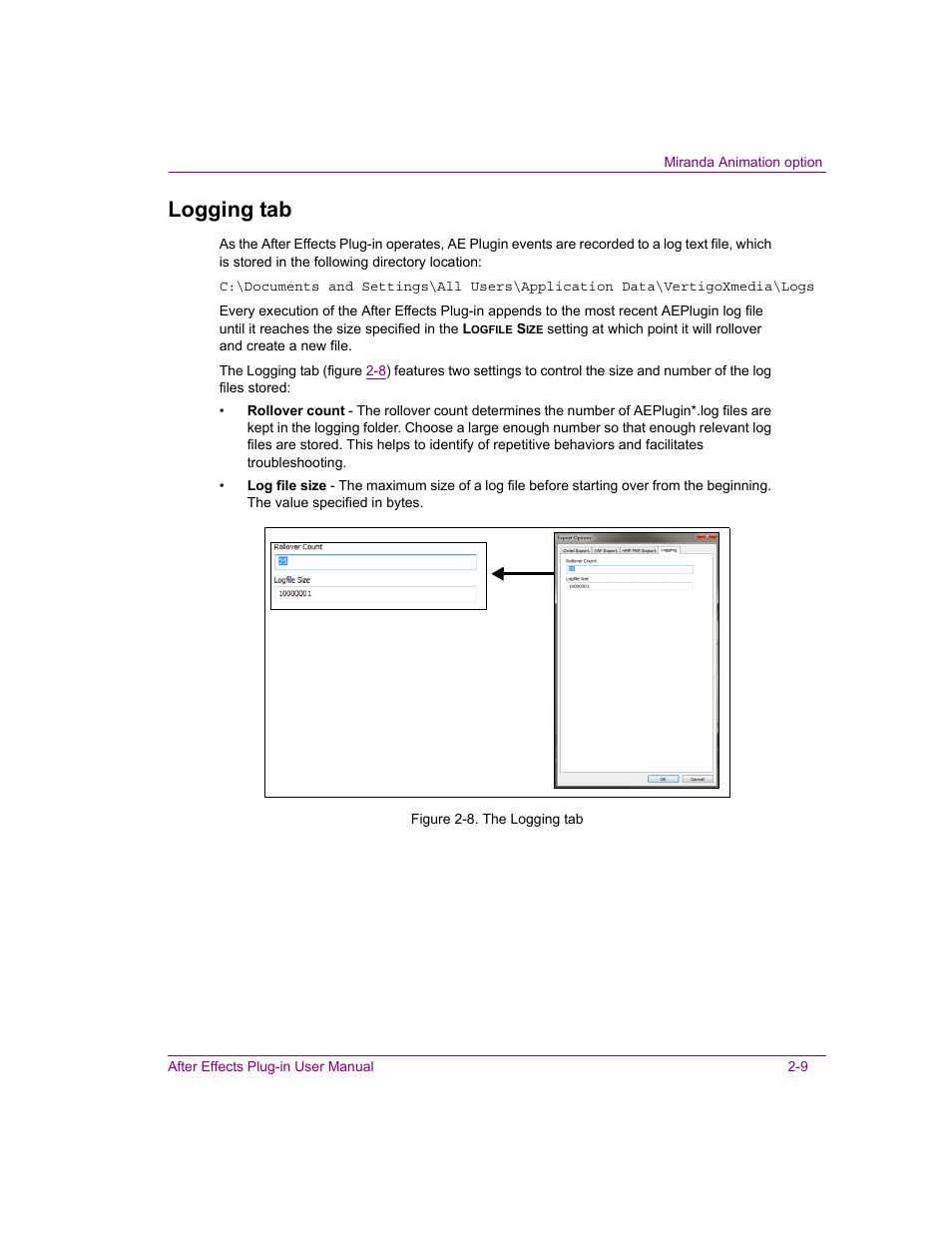 Logging tab, Logging tab -9 | Grass Valley After Effects Plug-in Vertigo Suite v.4.9 User Manual | Page 15 / 30