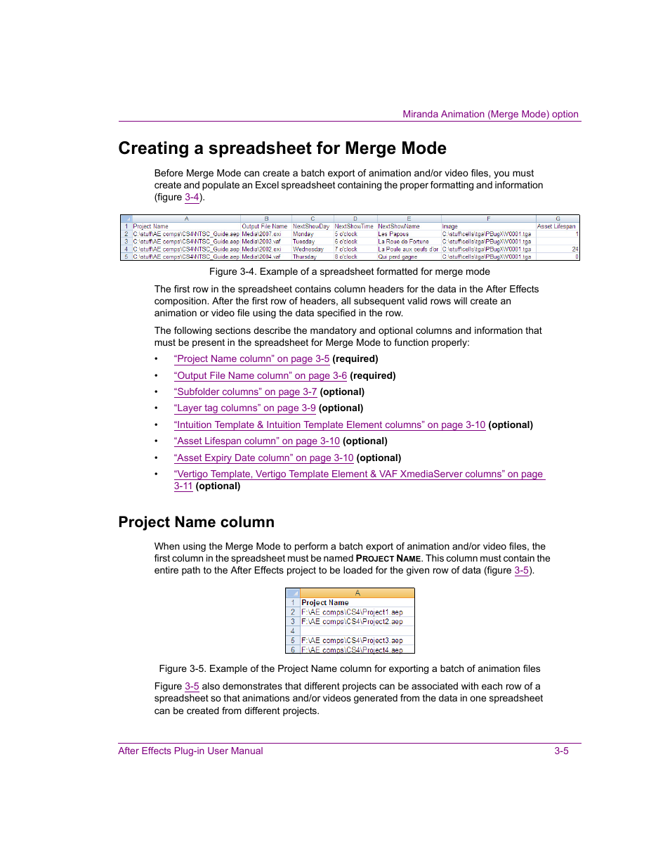 Creating a spreadsheet for merge mode, Project name column, Creating a spreadsheet for merge mode -5 | Project name column -5, Deo files. see, Creating a | Grass Valley After Effects Plug-in Vertigo Suite v.4.9 User Manual | Page 20 / 30