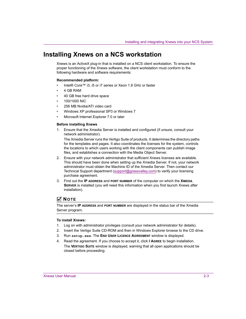 Installing xnews on a ncs workstation, Installing xnews on a ncs workstation -3 | Grass Valley Xnews Vertigo Suite v.5.0 User Manual | Page 14 / 143