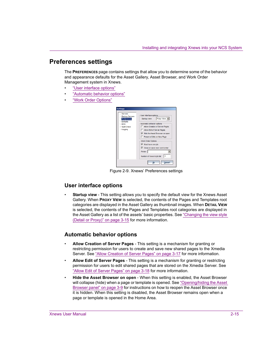 Preferences settings, Preferences settings -15, User interface options | Automatic behavior options | Grass Valley Xnews Vertigo Suite v.5.0 User Manual | Page 26 / 143