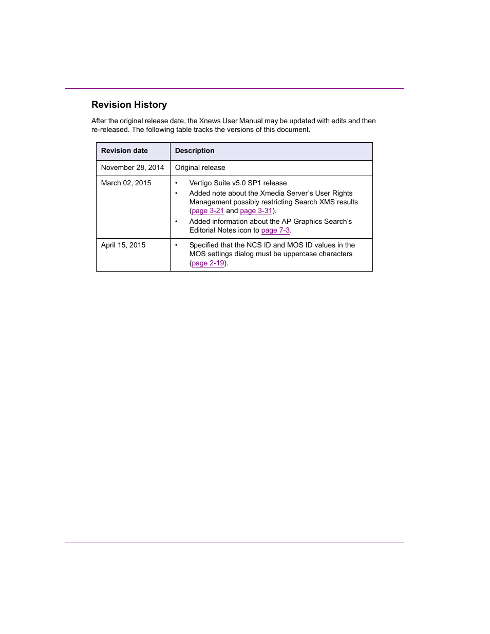 Revision history | Grass Valley Xnews Vertigo Suite v.5.0 User Manual | Page 3 / 143